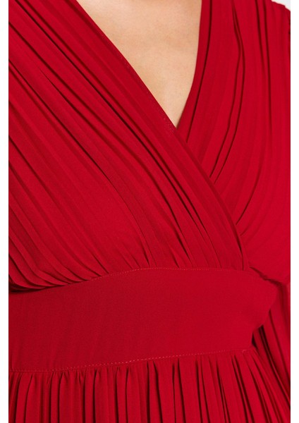 Kadın Moda Şık Midi Boy Kruvaze Regular Piliseli Astarlı Şifon Dokuma Elbise indirimleri