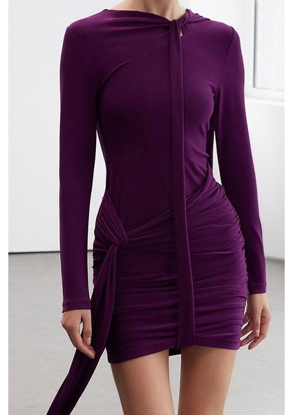 Kadın Moda Şık Mini Boy Dik Yaka Regular Fırfır Detaylı Bodycone Vücuda Oturan Esnekörme Elbise