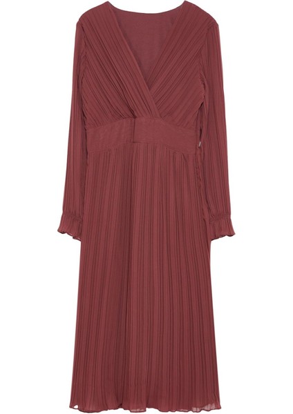 Kadın Moda Şık Midi Boy Kruvaze Regular Kuşaklı Düz Dokuma Elbise