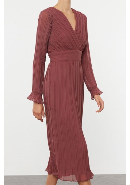 Kadın Moda Şık Midi Boy Kruvaze Regular Kuşaklı Düz Dokuma Elbise fiyatları