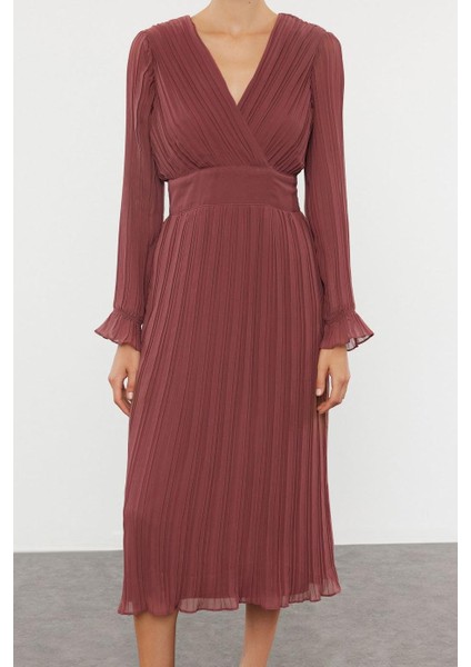 Kadın Moda Şık Midi Boy Kruvaze Regular Kuşaklı Düz Dokuma Elbise modelleri