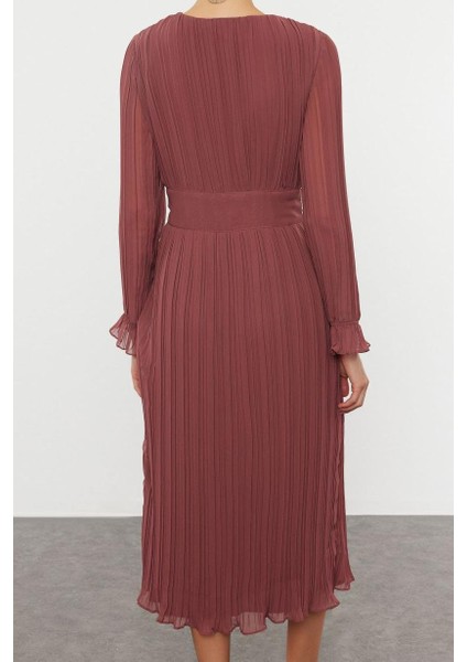 Kadın Moda Şık Midi Boy Kruvaze Regular Kuşaklı Düz Dokuma Elbise indirimleri