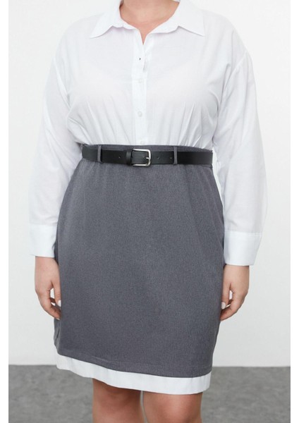 Kadın Moda Şık Büyük Beden Mini Boy Gömlek Yaka Fitted Kemerli Gömlek-Etek Büyük Beden Dokuma Elbise