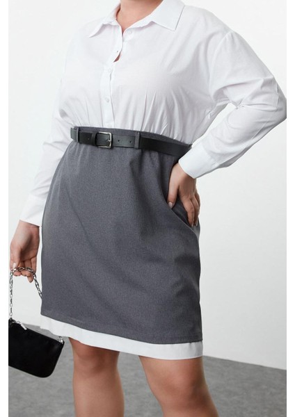 Kadın Moda Şık Büyük Beden Mini Boy Gömlek Yaka Fitted Kemerli Gömlek-Etek Büyük Beden Dokuma Elbise fiyatları