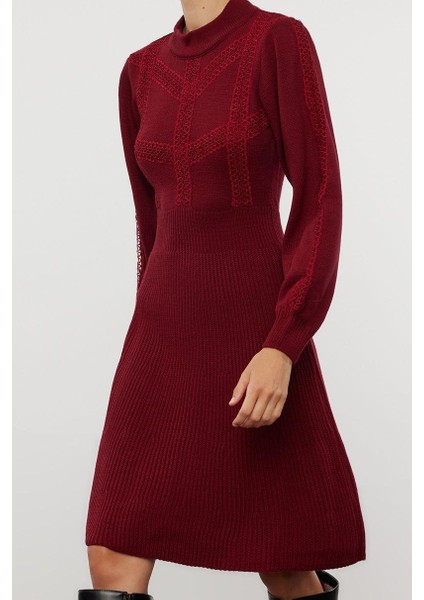 Kadın Moda Şık Mini Boy Dik Yaka Regular Triko Dantelli Elbise