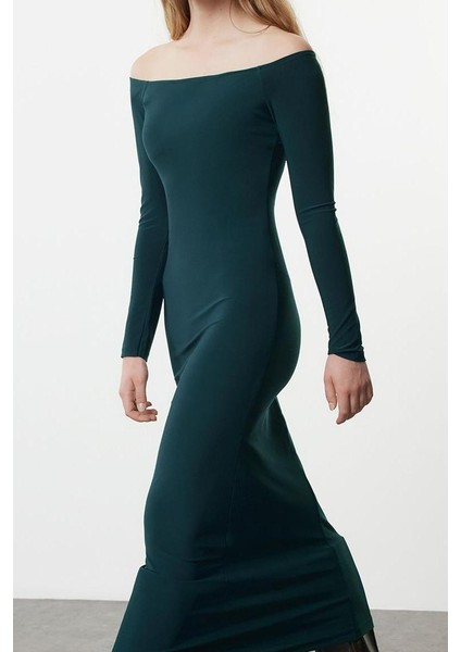 Kadın Moda Şık Maxi Boy Carmen Yaka Slim Düz Bodycone Vücuda Oturan Esnek Örme Elbise modelleri