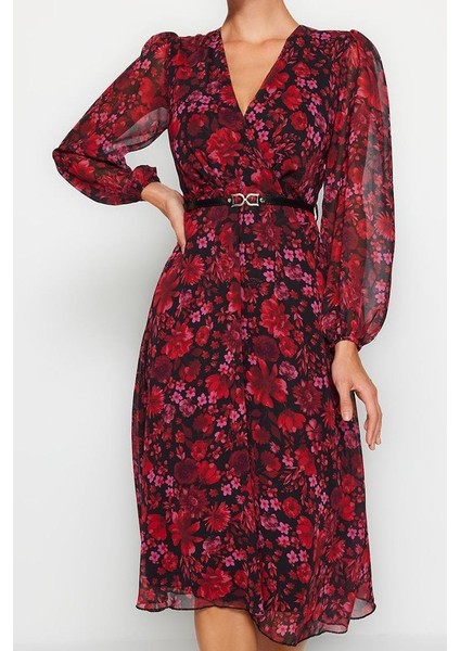 Kadın Moda Şık Midi Boy Kruvaze Regular Kemerli A Kesim Yaka Desenli Şifon Dokuma Elbise