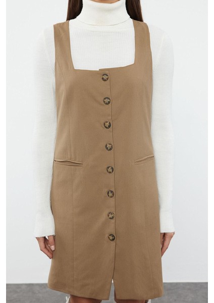 Kadın Moda Şık Mini Boy Kare Yaka Regular Poliviskon Kumaş Astarlı Dokuma Ceket Elbise