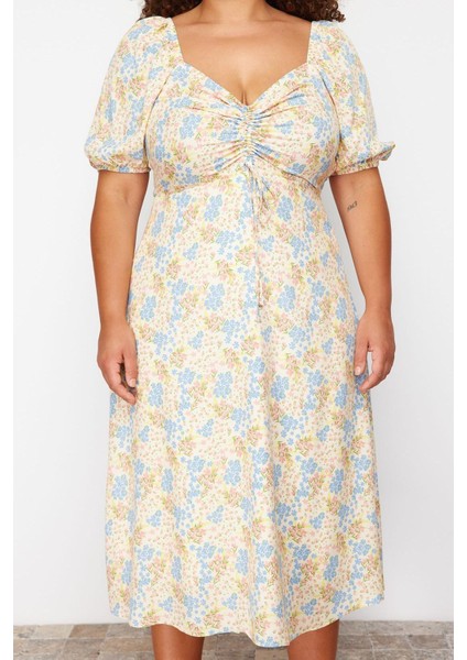 Kadın Moda Şık Büyük Beden Midi Boy Kalp Yaka Relaxed Çiçek Desenli Dokuma Elbise