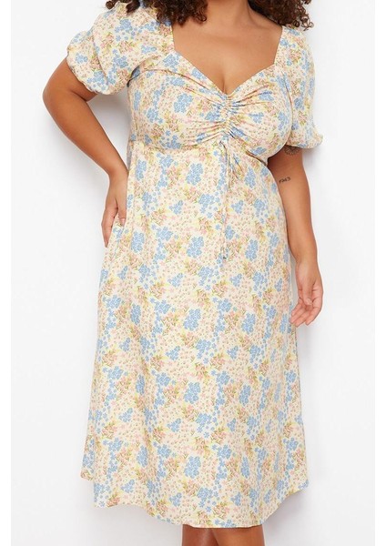 Kadın Moda Şık Büyük Beden Midi Boy Kalp Yaka Relaxed Çiçek Desenli Dokuma Elbise fiyatları