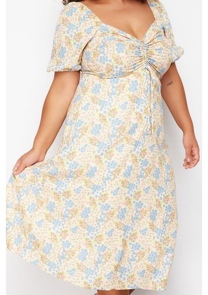 Kadın Moda Şık Büyük Beden Midi Boy Kalp Yaka Relaxed Çiçek Desenli Dokuma Elbise fırsatları