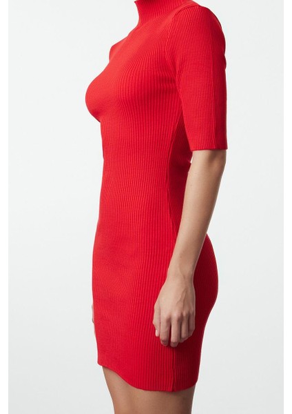 Kadın Moda Şık Mini Boy Dik Yaka Slim Triko Elbise