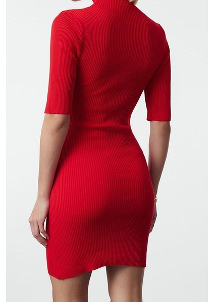 Kadın Moda Şık Mini Boy Dik Yaka Slim Triko Elbise