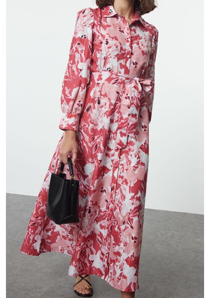 Kadın Moda Şık Tesettür Maxi Boy Gömlek Yaka Regular Kuşaklı Çiçekli Dokuma Elbise fiyatları