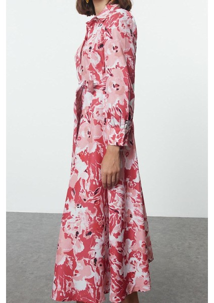 Kadın Moda Şık Tesettür Maxi Boy Gömlek Yaka Regular Kuşaklı Çiçekli Dokuma Elbise modelleri