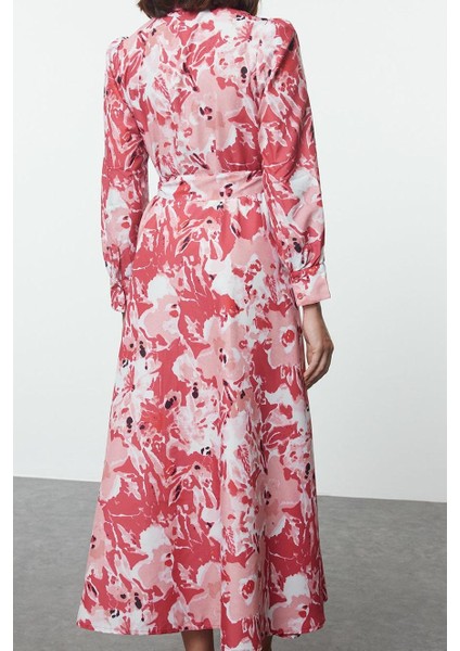 Kadın Moda Şık Tesettür Maxi Boy Gömlek Yaka Regular Kuşaklı Çiçekli Dokuma Elbise indirimleri