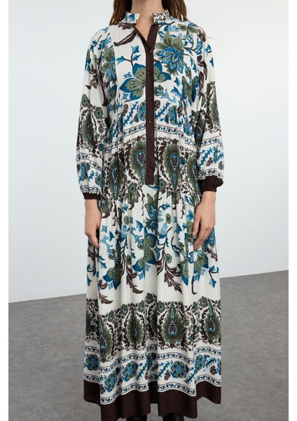 Kadın Moda Şık Tesettür Maxi Boy Hakim Yaka Relaxed Çiçekli Viskon Dokuma Elbise