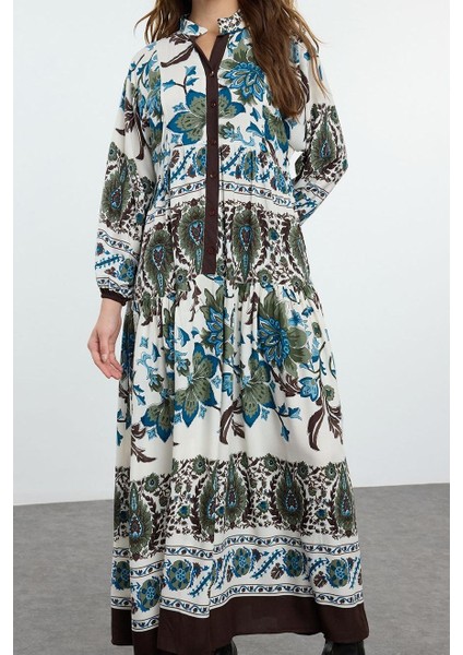 Kadın Moda Şık Tesettür Maxi Boy Hakim Yaka Relaxed Çiçekli Viskon Dokuma Elbise fiyatları