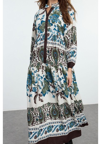 Kadın Moda Şık Tesettür Maxi Boy Hakim Yaka Relaxed Çiçekli Viskon Dokuma Elbise modelleri