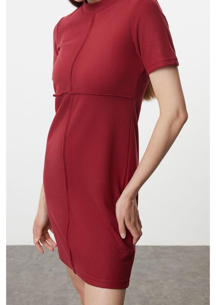 Kadın Moda Şık Mini Boy Dik Yaka Regular A Kesim Çan Form Selanik Triko Görünümlü Örme Elbise