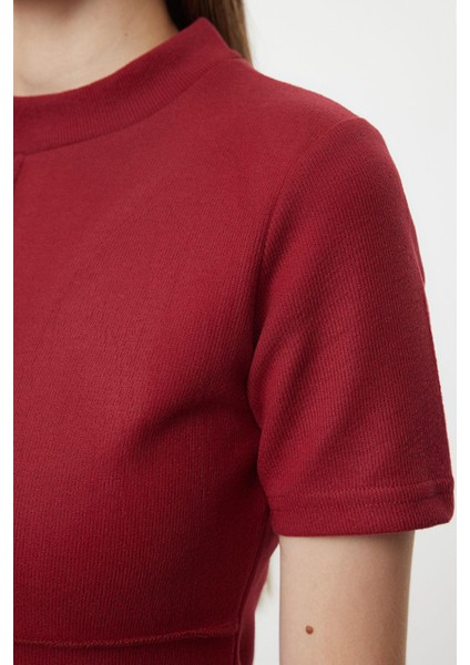 Kadın Moda Şık Mini Boy Dik Yaka Regular A Kesim Çan Form Selanik Triko Görünümlü Örme Elbise