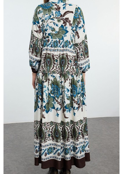 Kadın Moda Şık Tesettür Maxi Boy Hakim Yaka Relaxed Çiçekli Viskon Dokuma Elbise indirimleri