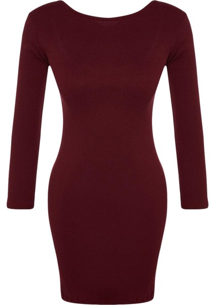 Kadın Moda Mini Boy Bisiklet Yaka Slim Fitilli Sırt Detaylı Fitted Vücuda Oturan Esnek Örme Elbise