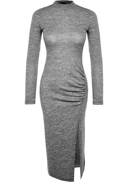 Kadın Moda Midi Boy Dik Yaka Slim Bisiklet Yaka Yumoş Yırtmaçlı ve Büzgü Detaylı Fitted Örme Elbise