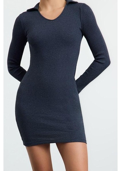 Kadın Moda Şık Mini Boy Polo Yaka Slim Vücuda Oturan Fitilli Esnek Örme Elbise fiyatları