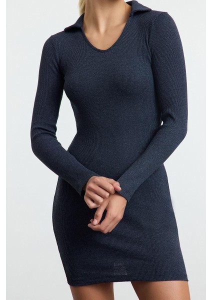 Kadın Moda Şık Mini Boy Polo Yaka Slim Vücuda Oturan Fitilli Esnek Örme Elbise modelleri