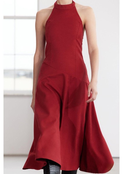 Kadın Maxi Boy Bisiklet Yaka Regular Limited Edition Sırt Dekolteli Boyundan Bağlamalı Dokuma Elbise