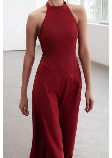 Kadın Maxi Boy Bisiklet Yaka Regular Limited Edition Sırt Dekolteli Boyundan Bağlamalı Dokuma Elbise fiyatları