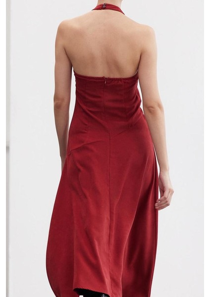 Kadın Maxi Boy Bisiklet Yaka Regular Limited Edition Sırt Dekolteli Boyundan Bağlamalı Dokuma Elbise fırsatları