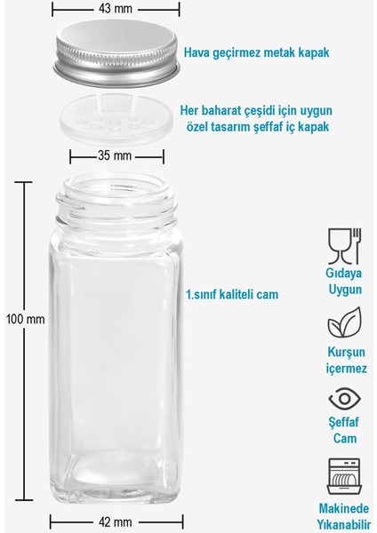 24'lü Şeffaf Kristal Plexi Standlı Cam Baharatlık Seti Kapaklı Etiketli Baharatlık Takım