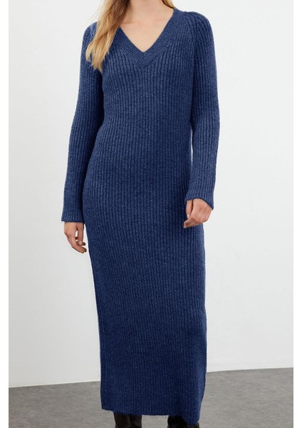 Kadın Moda Şık Maxi Boy V Yaka Regular Triko Yünlü Basic Elbise modelleri
