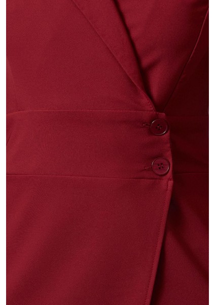 Kadın Moda Şık Mini Boy Ceket Yaka Regular Düğme Detaylı Dokuma Ceket Elbise