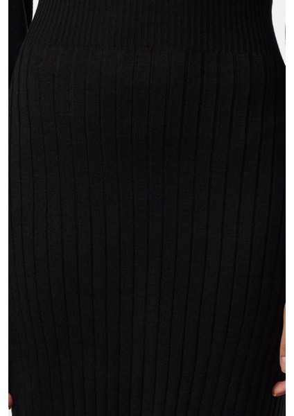 Kadın Moda Şık Midi Boy Bisiklet Yaka Regular Triko A-Line Formda Elbise