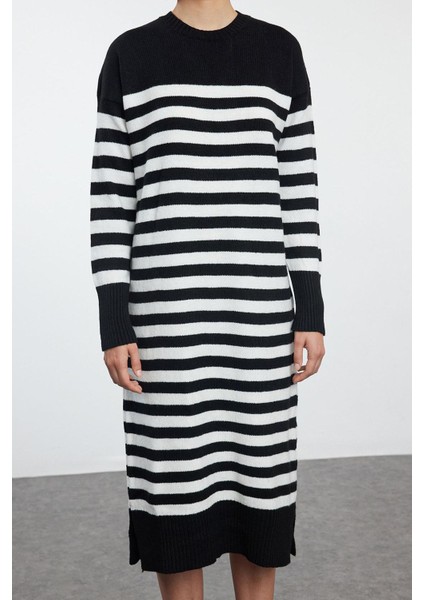 Kadın Moda Şık Midi Boy Bisiklet Yaka Regular Çizgili Triko Yumuşak Dokulu Elbise