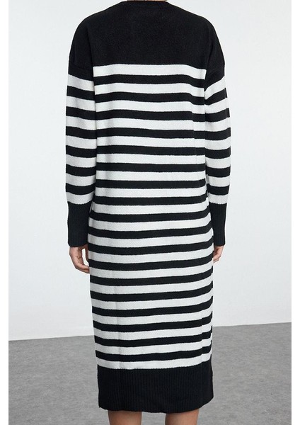 Kadın Moda Şık Midi Boy Bisiklet Yaka Regular Çizgili Triko Yumuşak Dokulu Elbise indirimleri