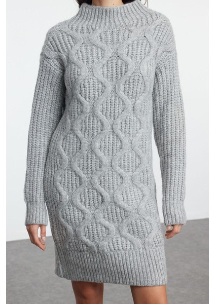 Kadın Moda Şık Mini Boy Dik Yaka Regular Triko Yumuşak Dokulu Saç Örgü Elbise