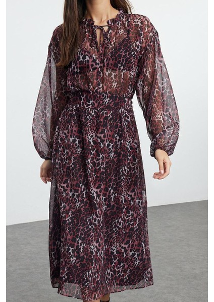 Kadın Moda Midi Boy Bisiklet Yaka Regular Çiçekli Eteği Belden Açılan Astarlı Dokuma Kışlık Elbise