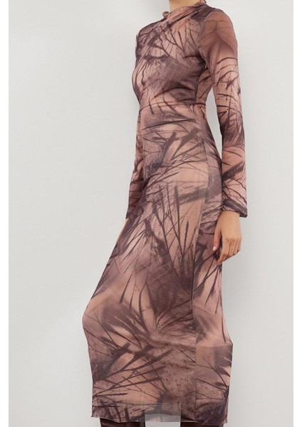 Kadın Moda Şık Maxi Boy Dik Yaka Slim Soyut Bodycone Büzgü Drape Örme Elbise modelleri