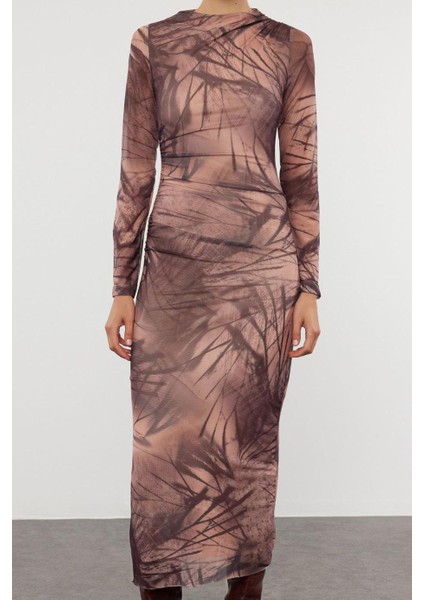 Kadın Moda Şık Maxi Boy Dik Yaka Slim Soyut Bodycone Büzgü Drape Örme Elbise fırsatları