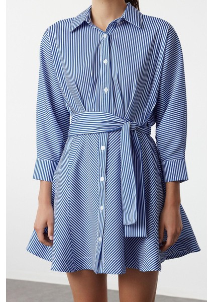 Kadın Moda Şık Mini Boy Gömlek Yaka Regular Kuşaklı Çizgili Dokuma Gömlek Elbise