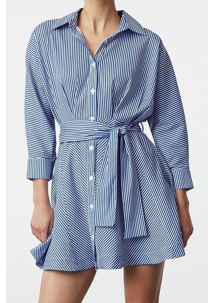 Kadın Moda Şık Mini Boy Gömlek Yaka Regular Kuşaklı Çizgili Dokuma Gömlek Elbise fiyatları