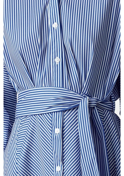 Kadın Moda Şık Mini Boy Gömlek Yaka Regular Kuşaklı Çizgili Dokuma Gömlek Elbise modelleri