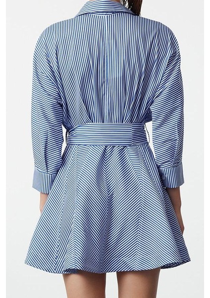 Kadın Moda Şık Mini Boy Gömlek Yaka Regular Kuşaklı Çizgili Dokuma Gömlek Elbise fırsatları