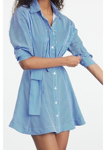 Kadın Moda Şık Mini Boy Gömlek Yaka Regular Kuşaklı Çizgili Dokuma Gömlek Elbise indirimleri