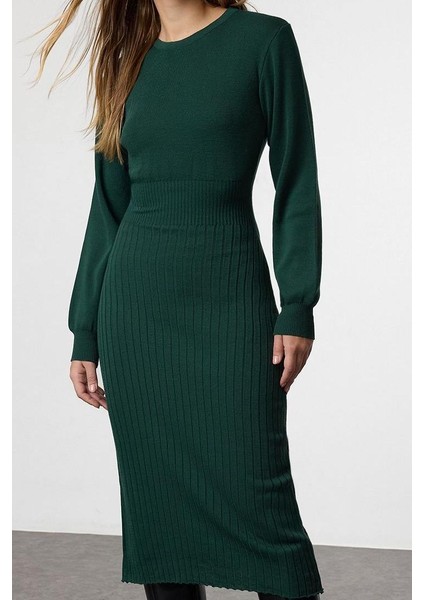 Kadın Moda Şık Midi Boy Bisiklet Yaka Regular Koyu Triko A-Line Formda Elbise