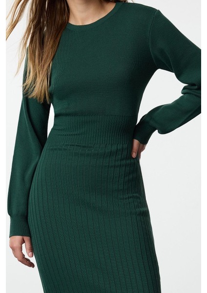 Kadın Moda Şık Midi Boy Bisiklet Yaka Regular Koyu Triko A-Line Formda Elbise